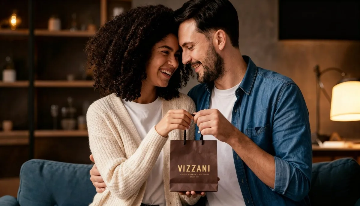 Casal abrindo uma sacola de presente da Vizzani