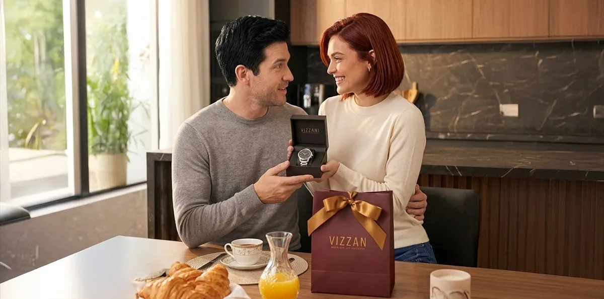Homem entregando um presente da Vizzani no café da manhã