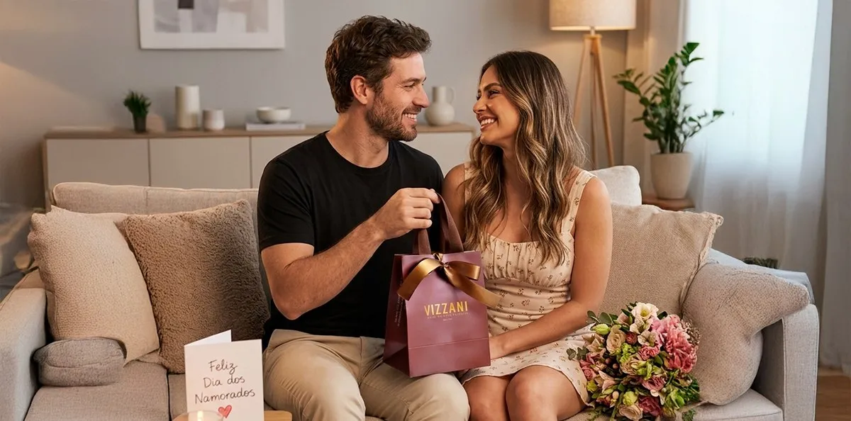 Casal no sofá com uma sacola de presente da Vizzani e flores