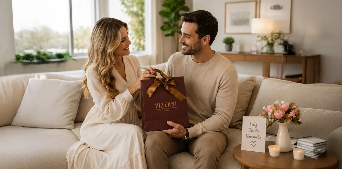 Casal trocando presentes da Vizzani na sala