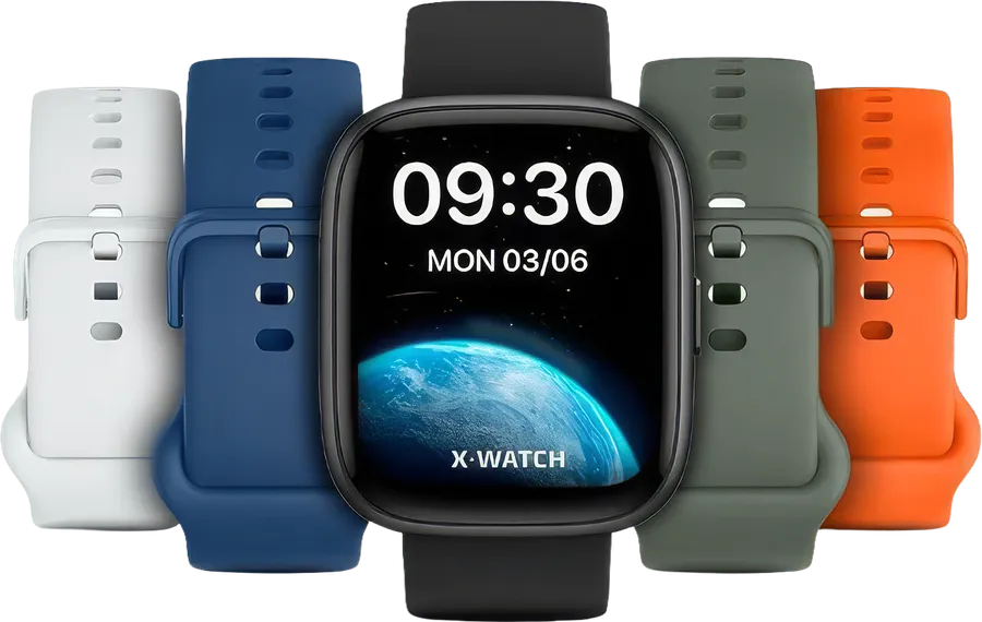 Smartwatch X-Watch com pulseiras nas cores branca, azul, preta, verde e laranja